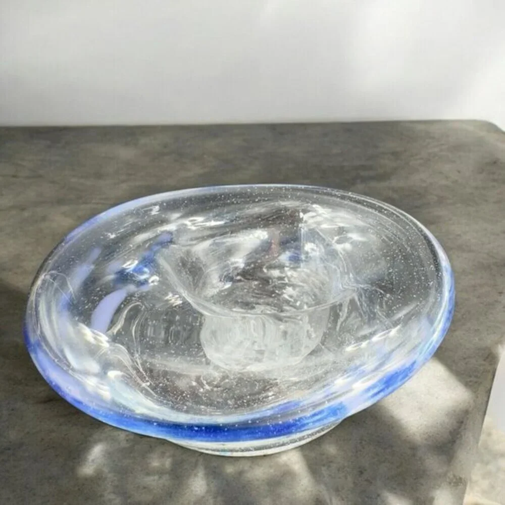 Vintage Hand Blown Art Glass Dish Bowl Clear With Blue Spots Hand Made Glass VTG